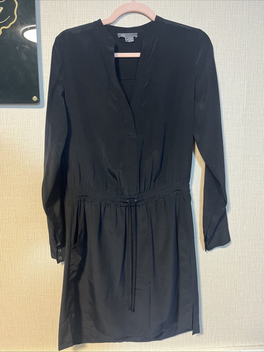 VINCE 100% SILK BLACK DRAWSTRING WAIST LONG SLEEVE SHIRT DRESS SIZE: 4